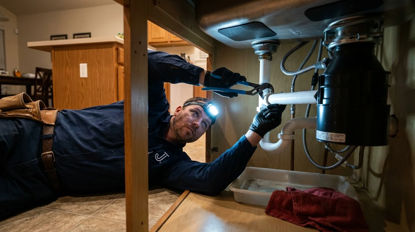 P-trap and supply line connections under a kitchen sink showing a common leak point in Pharr, TX
